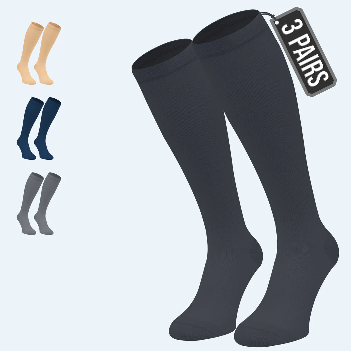 3 Pairs Everyday Comfort Compression Socks 15–20 mmHg for Swollen Legs & Long Flights
