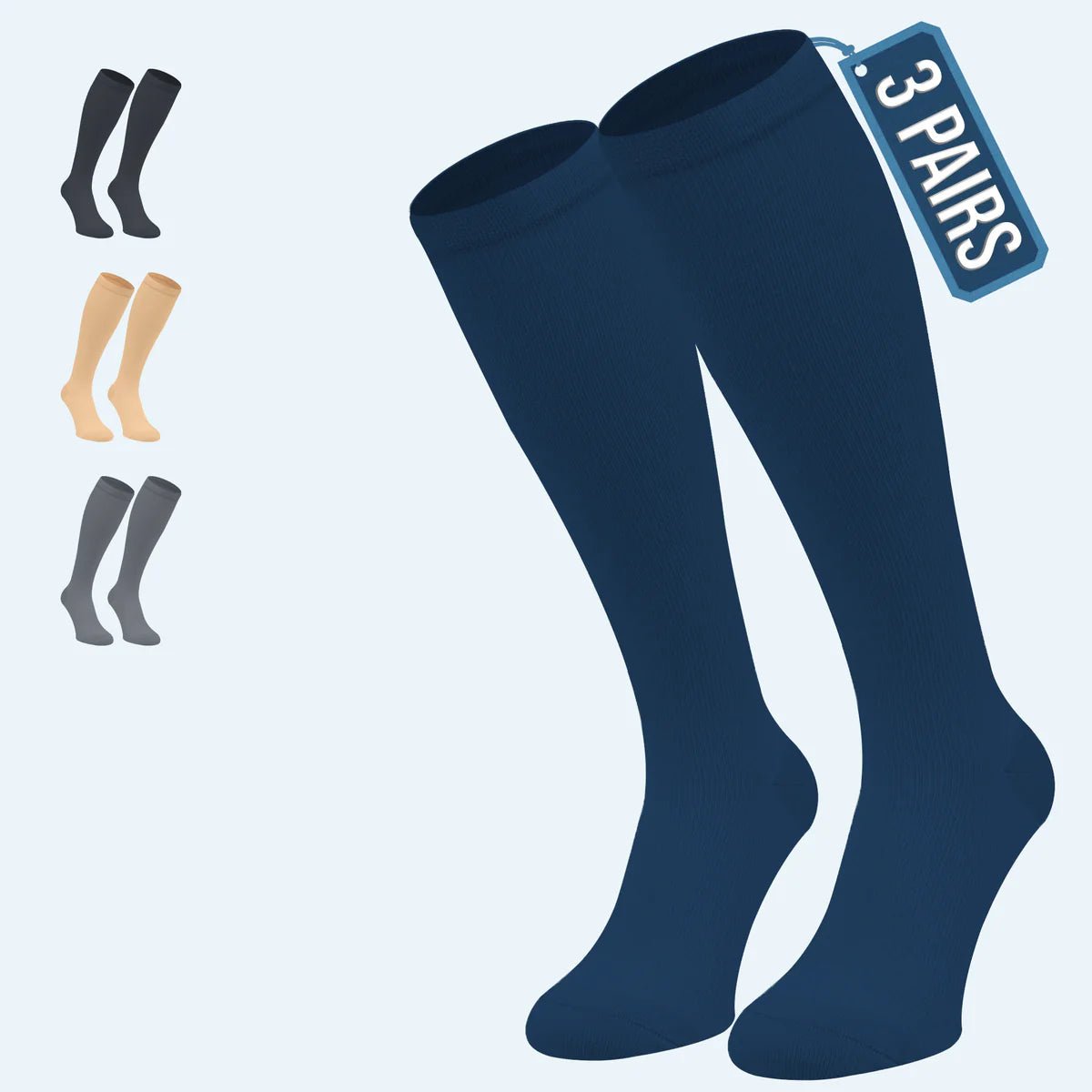 3 Pairs Everyday Comfort Compression Socks 15–20 mmHg for Swollen Legs & Long Flights
