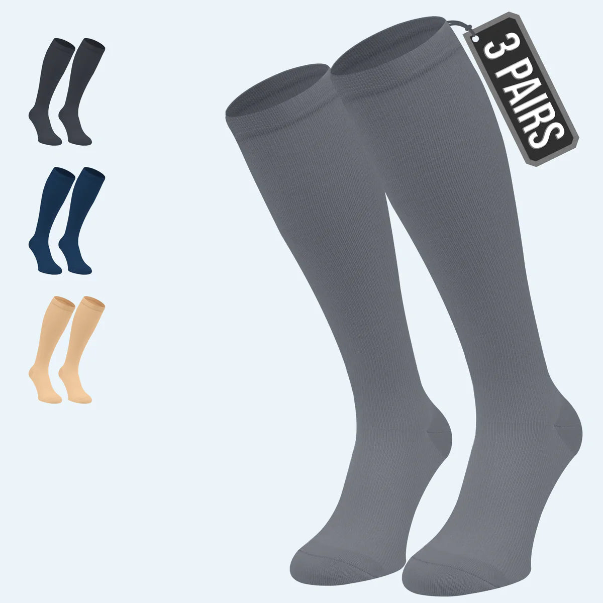 3 Pairs Everyday Comfort Compression Socks 15–20 mmHg for Swollen Legs & Long Flights